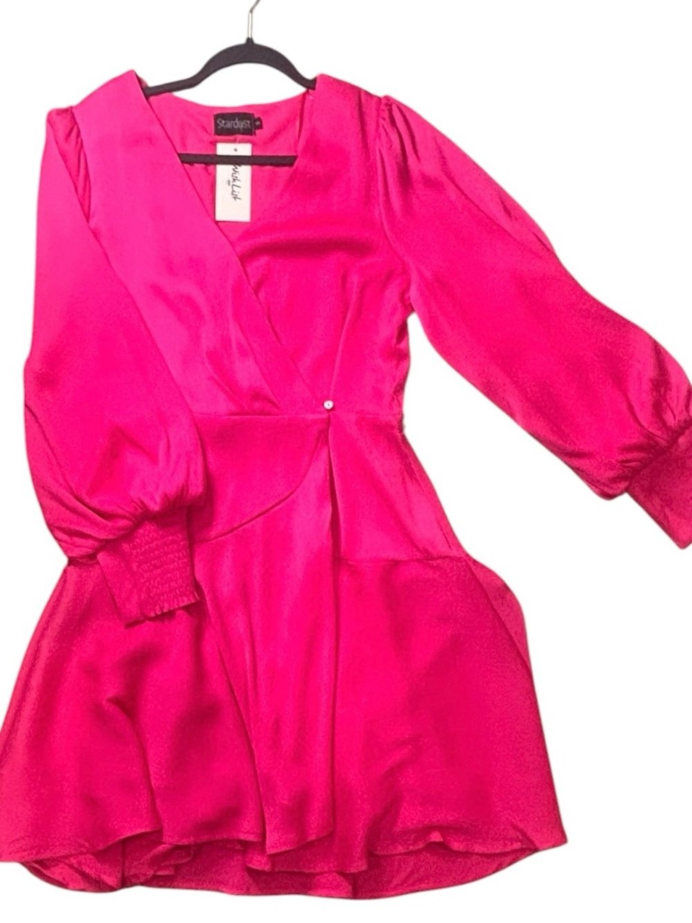 NWT Stardust Hot Pink Satin Surplice Balloon Sleeve Mini Dress Small